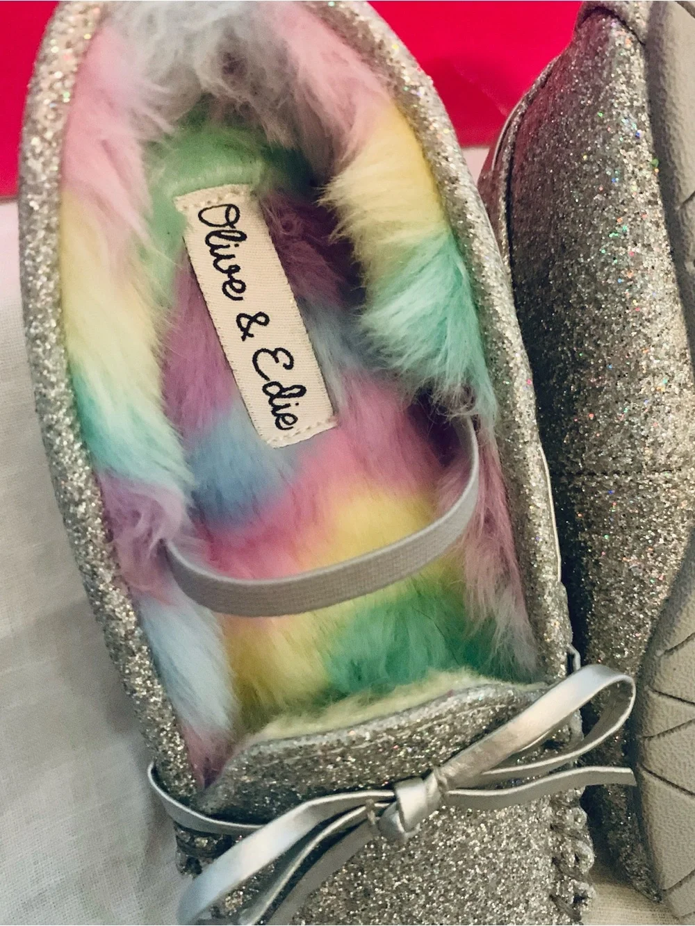 Olive & Edie Silver Glitter Kids Moccasins with Rainbow Faux-Fur Lining